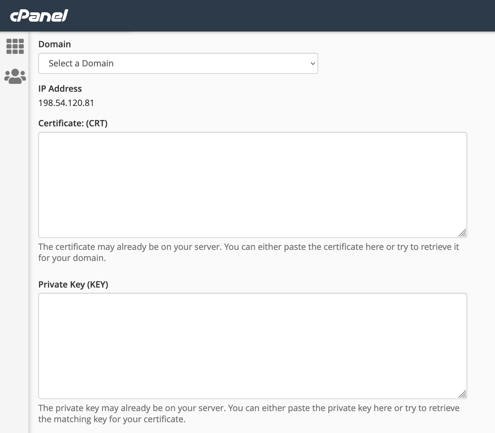 Form for adding cer and key